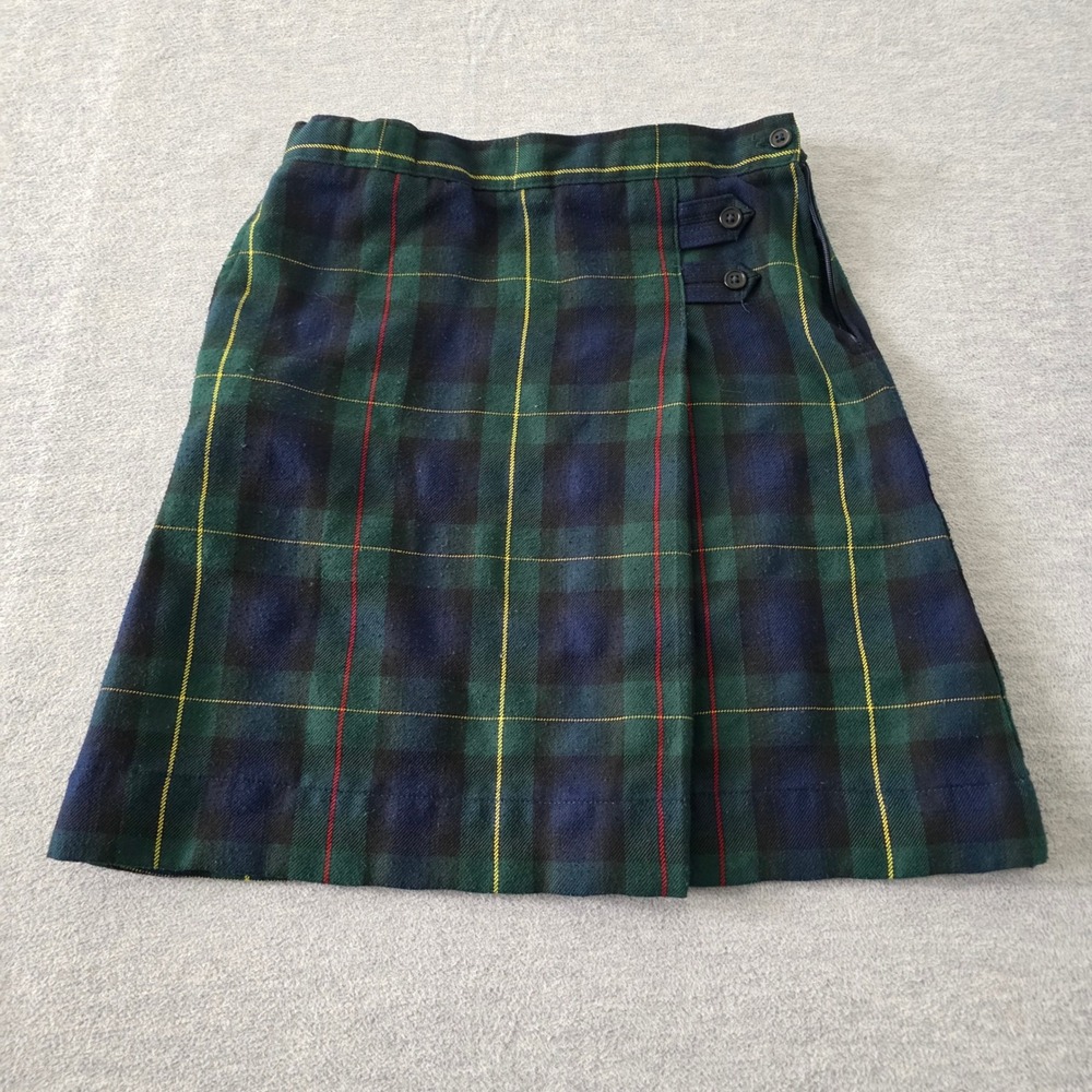 Lands End Girls Green Navy Plaid Wrap School Uniform Skirt Size 7 A-Line Button